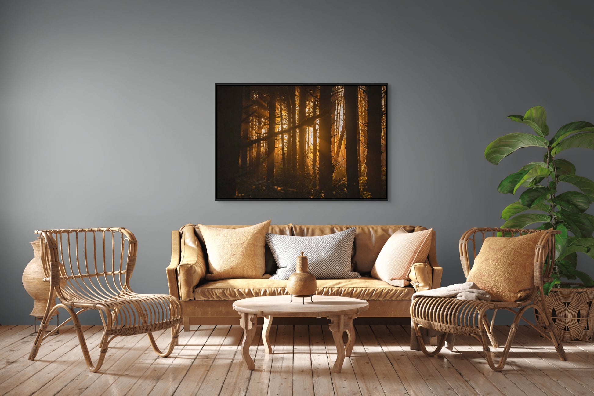 Living room with wicker furniture, a sofa, and a forest painting on the wall of sunlight filtering through trees at sunset in the forest at Long Beach, Tofino, BC. Black float frame.