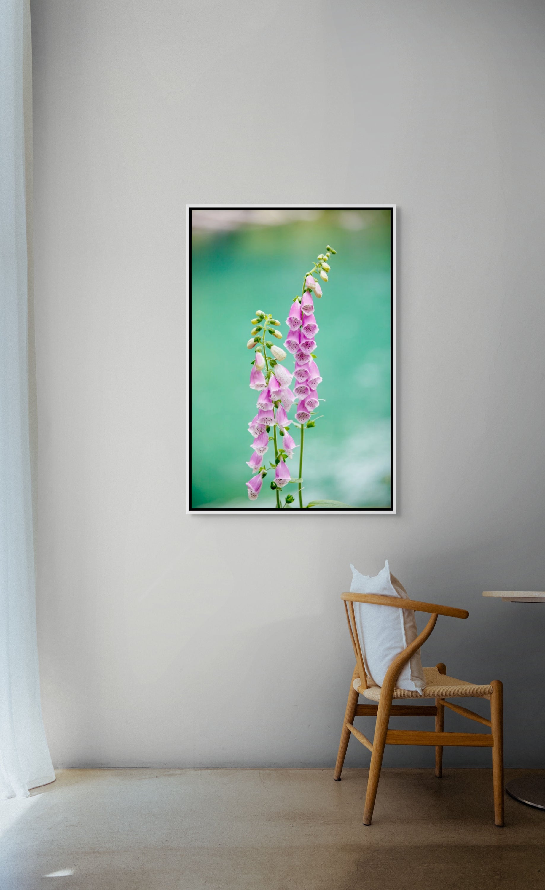 White framed photograph of pink flowers on a wall above a chair.